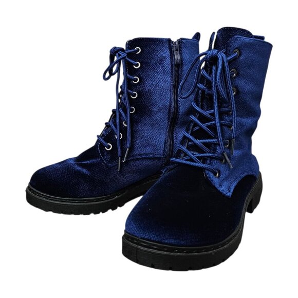 Wanted New Velour Royal Blue Ankle Patrol Lace-up Chunky Y2K Combat Boot - Picture 3 of 13